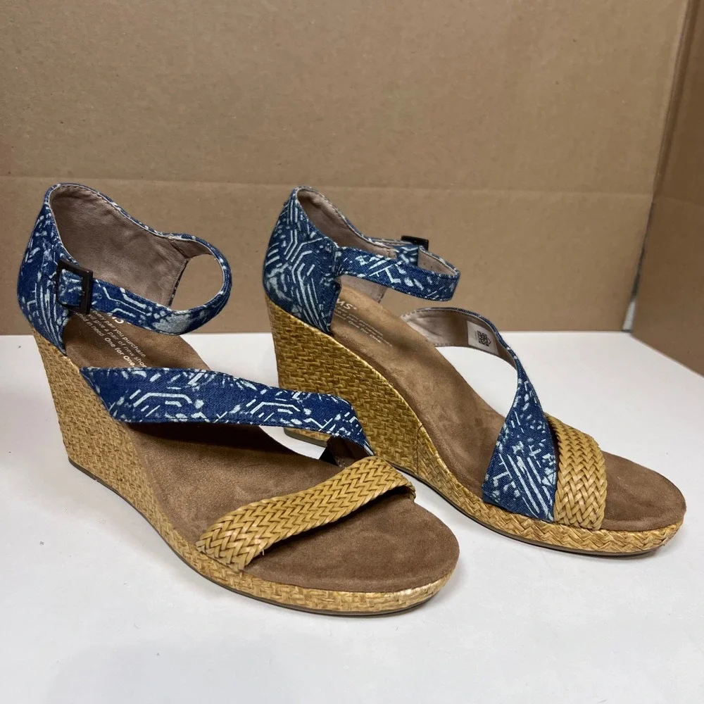 TOMS Blue Geometric Print Woven Straw Wedge Sandals‎ Womens 9.5